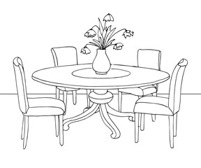 Part of the dining room. Round table and chairs.On the table vase of flowers. Hand drawn sketch.Vector illustration.