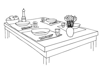 Fototapeta na wymiar Served table. Plates, glasses, knives, forks and a vase with flowers on the table. Hand drawn sketch of the table. Vector illustration.