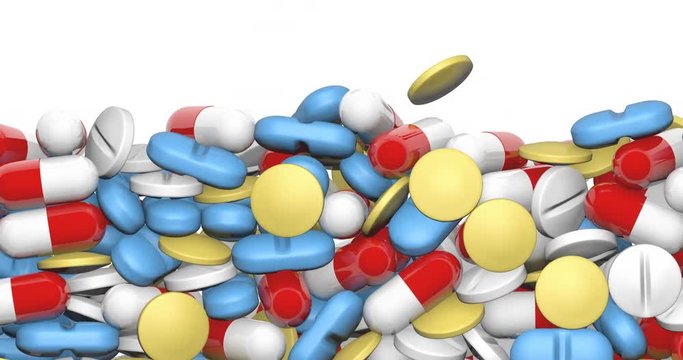Falling medicine concept / 3D animation of various medical pills and tablets filling screen