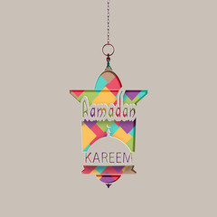 Obraz na płótnie Canvas Ramadan Kareem inscription. Greeting card. A lantern in an oriental style hangs on a chain. Cut out of paper on a gray background. illustration