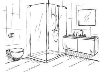 Hand drawn sketch. Linear sketch of an interior. Part of the bathroom. Vector illustration - obrazy, fototapety, plakaty