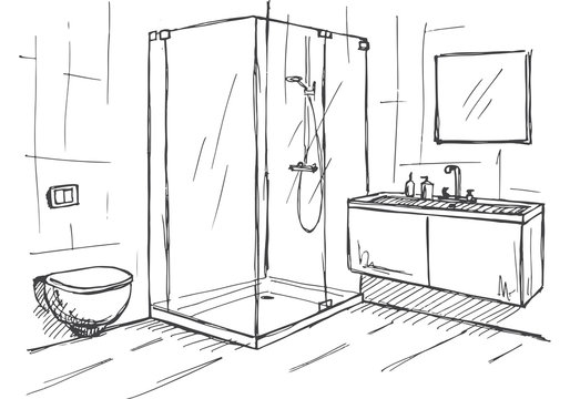 Hand drawn sketch. Linear sketch of an interior. Part of the bathroom. Vector illustration