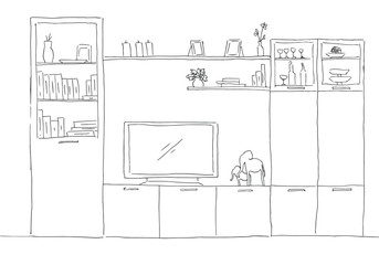 Hand drawn sketch. Linear sketch of the interior. Bookcase, dresser with TV and shelves. Vector illustration