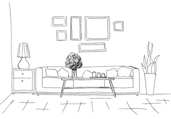 Linear sketch of an interior. Room plan. Vector illustration. Linear sketch of the interior.