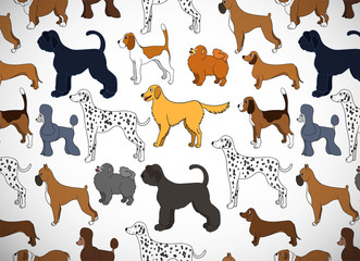 Cute greeting card with cartoon dogs. Different breeds.