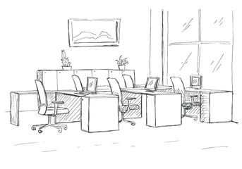 Open Space office. Workplaces outdoors. Tables, chairs and windows. Vector illustration in a sketch style. - 152600282