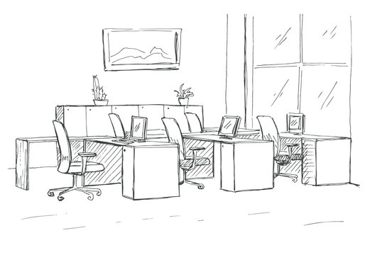 Open Space Office. Workplaces Outdoors. Tables, Chairs And Windows. Vector Illustration In A Sketch Style.