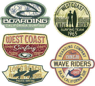 West Coast California surfing vector badges collection
