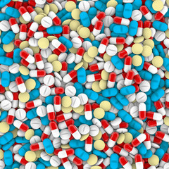 Medicine background concept / 3D illustration of various medical pills and tablets filling image