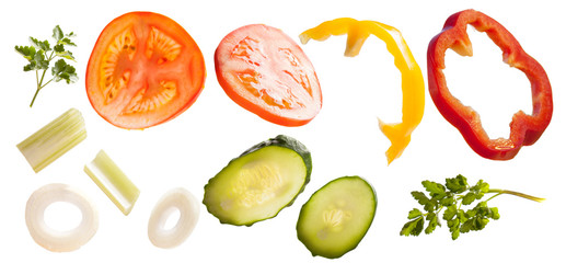 vegetables isolate on white: tomato, onion, celery, parsley, cucumber
