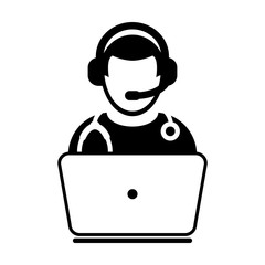 Online Doctor Icon - Flat Vector, Physician Avatar Symbol With Laptop and Wearing Headset for Consultation on Advice and Support Service for Patient in Glyph Pictogram Symbol illustration