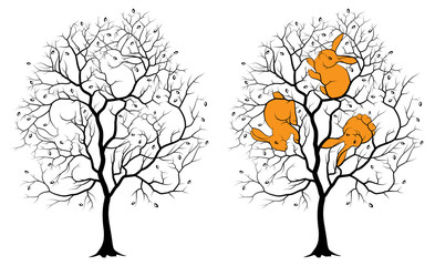 Черный силуэт дерева на белом фоне, среди веток спрятаны контуры трех кроликов. Загадка с ответом.