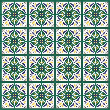 Tile pattern vector seamless in white, yellow, green and blue colors. Azulejo portuguese tiles, mexican talavera, spanish, moroccan, italian majolica or arabic tiles design.