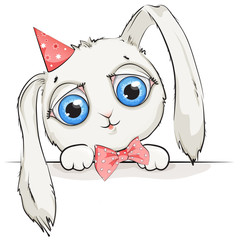 Cute cartoon rabbit with big eyes on white background
