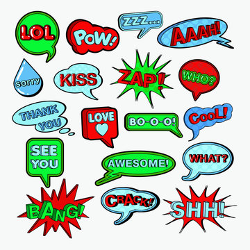 Comic Speech Bubbles Set. Chat Communication Shapes with Expressions. Vector doodle