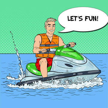 Young Man Having Fun on Jet Ski. Extreme Water Sports. Pop Art vector illustration
