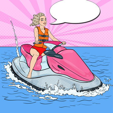 Beautiful Woman on Jet Ski. Water Sports. Pop Art vector illustration