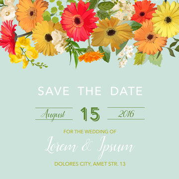 Save the Date Summer and Spring Floral Card in Watercolor Style. Vector Vintage Flowers