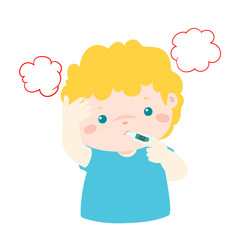 Little boy got high temperature vector cartoon.