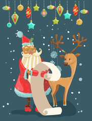 Santa reading a long Christmas wish list with deer