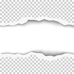 Snatched middle of transparent paper background with torn edges and white resulting window with space for text or ad. Template paper design.