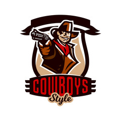 Colorful emblem, logo, cowboy holding a revolver. Wild West, a bandit, a robber, a sheriff, a gunfight. Vector illustration