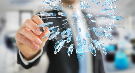 Businessman holding 3D rendering group of people surrounding planet Earth