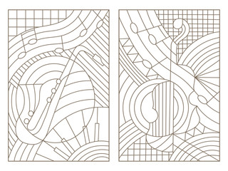 Set contour illustrations of the stained glass Windows on the theme of music abstract violin and saxophone
