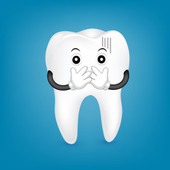 Tooth character covering the mouth. Dental problems and gum disease. Illustration on blue background.