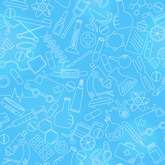Seamless background with simple icons on a theme medicine and health, light contour on blue background