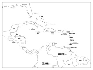 Central America and Carribean states political map. Black outline borders with black country names labels. Simple flat vector illustration.