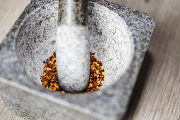 stone mortar on wooden background