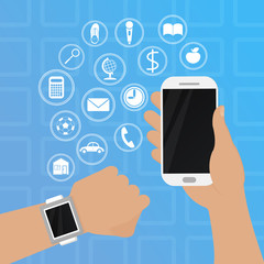 Smart watch on hand with phone vector illustration in flat sty. Illustration in flat style.