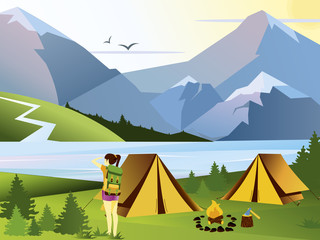 Vector flat illustration camping girl traveler. Nature background with grass, forest, mountains and hills. Outdoor activities. Tent and fire camp.