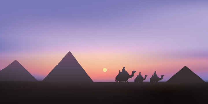 pyramides - Égypte - Gizeh - monument - tourisme - paysage - désert - coucher de soleil, 