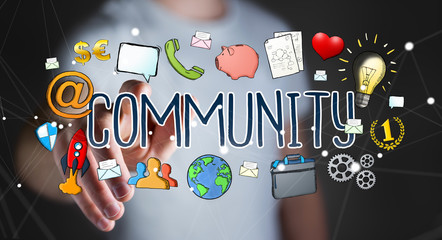 Obraz premium Businessman using hand-drawn community presentation