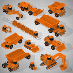 Vector isometric illustration of a set of heavy-duty trucks, mining excavators, articulated backhoe excavator, dumpers, grader, mining train. Equipment for high-mining industry.
