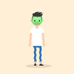 Sick shivering young man with green face vector cartoon illustration / flat vector concept