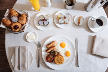 Top view of a dinner table with food