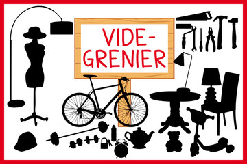 Vide grenier illustration. Panneau en bois et cadre rouge.