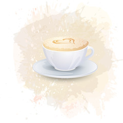 White cup with coffee drink on a abstract watercolor spot background. Trendy soft colors.