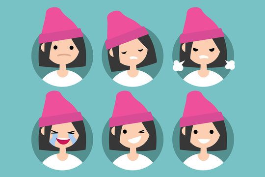 Young girl wearing pink beanie profile pics / Set of flat vector portraits. upset, offended, angry, laughing, winking, smiling