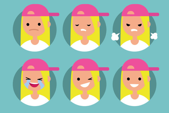 Young blonde girl wearing pink cap profile pics / Set of flat vector portraits. upset, offended, angry, laughing, winking, smiling