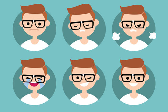 Nerd boy profile pics / Set of flat vector portraits. upset, offended, angry, laugh, laughing, winking, smiling