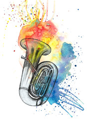 Watercolor multicolored splashes stains with a pencil sketch of a musical instrument tuba, jazz music - obrazy, fototapety, plakaty