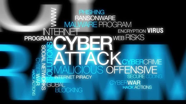 Cyber-attack words tag cloud cyber attack hack virus hacking hacker spyware ransomware cyberattack blue text animation video