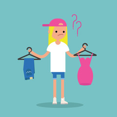 Difficult choice. Young blonde girl is trying to decide what to wear / Flat vector illustration