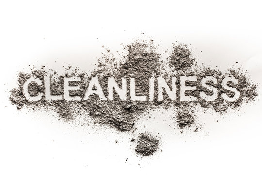 Word cleanliness as text in dirt, ash, dust, filth as filthy, garbage, dirty word concept background