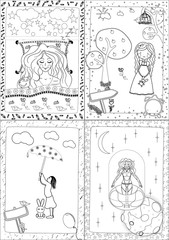 Vector black and white illustration of children. Coloring book page.