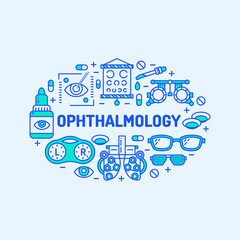 Ophthalmology, medical banner illustration. Eyes health care vector line icons of optometry equipment, contact lenses, glasses. Healthcare brochure, poster design. Blue background.